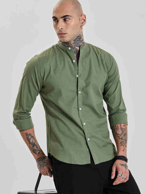 Olive Solid Slim Fit Mandarin Shirt